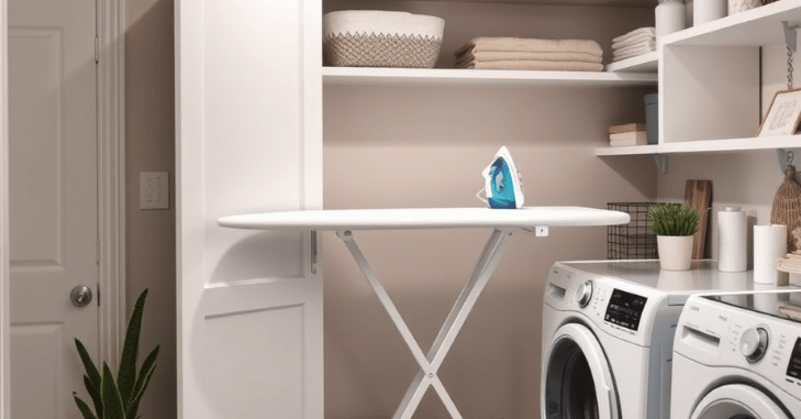 Electric built-in ironing board panel in a laundry room cabinet